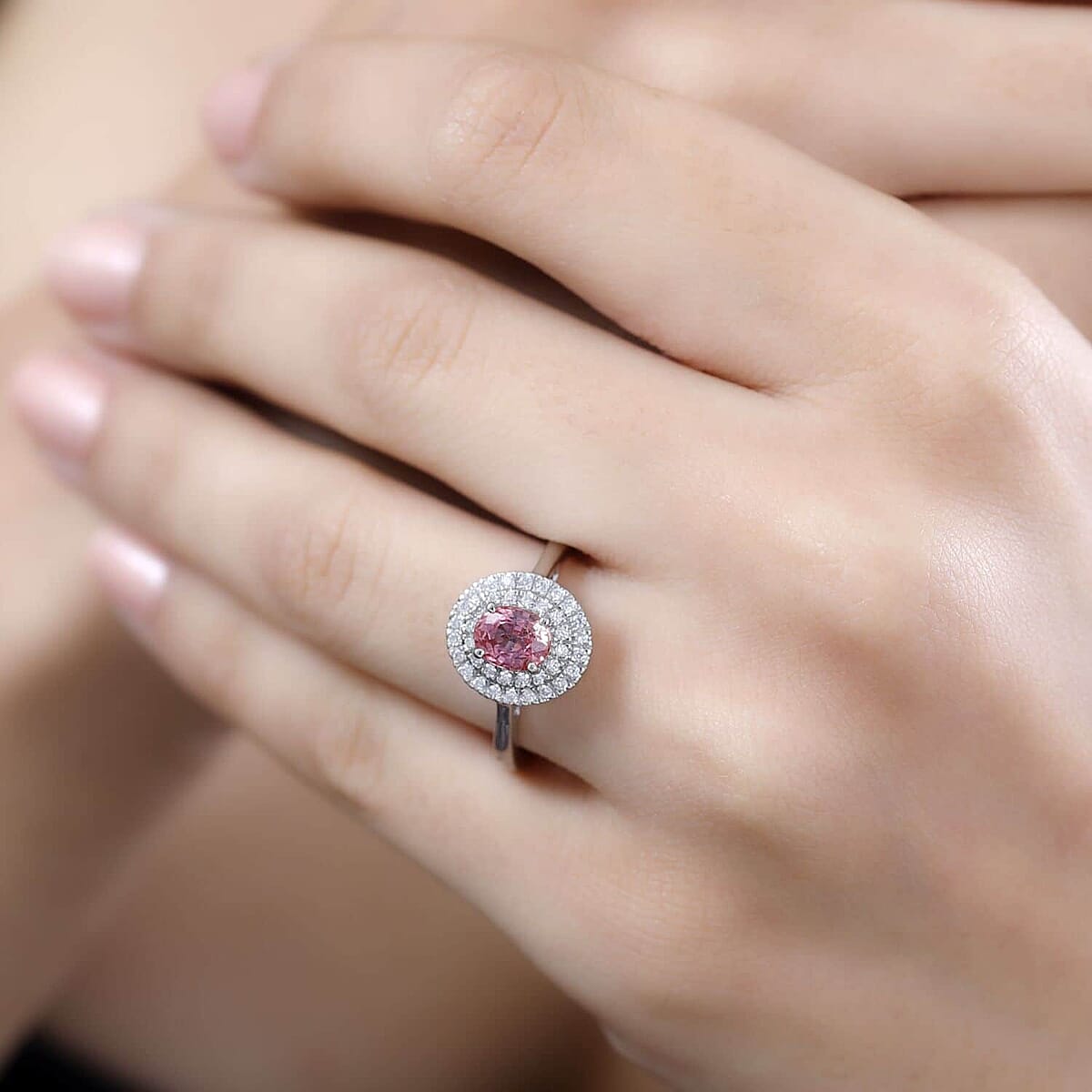 Certified & Appraised Rhapsody AAAA Padparadscha Sapphire and E-F VS Diamond 1.35 ctw Double Halo Ring in 950 Platinum (Size 8.5) 5.60 Grams image number 2