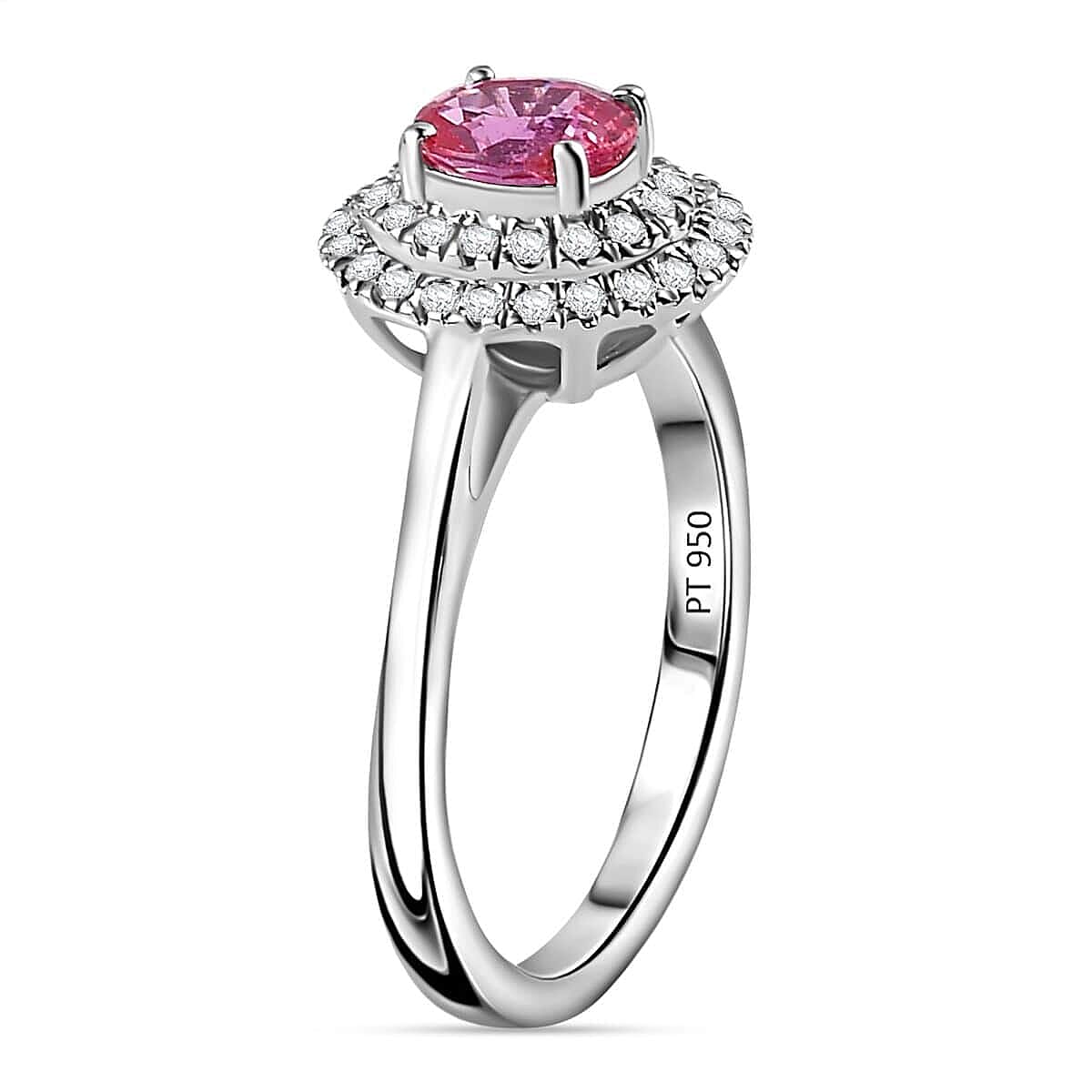 Certified & Appraised Rhapsody AAAA Padparadscha Sapphire and E-F VS Diamond 1.35 ctw Double Halo Ring in 950 Platinum (Size 8.5) 5.60 Grams image number 3