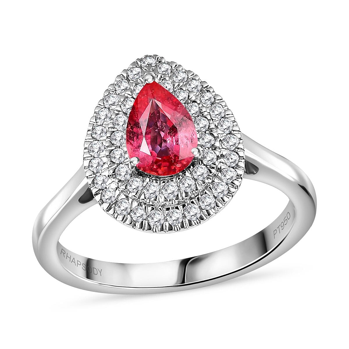 Doorbuster Rhapsody 950 Platinum AAAA Padparadscha Sapphire, Diamond (E-F, VS) (0.30 cts) Double Halo Ring (Size 8.0) (5.60 g) 1.35 ctw