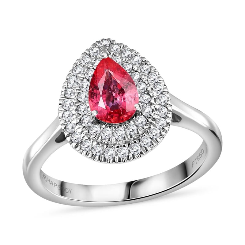 Certified & Appraised Rhapsody AAAA Padparadscha Sapphire and E-F VS Diamond 1.35 ctw Double Halo Ring in 950 Platinum (Size 8.0) 5.85 Grams