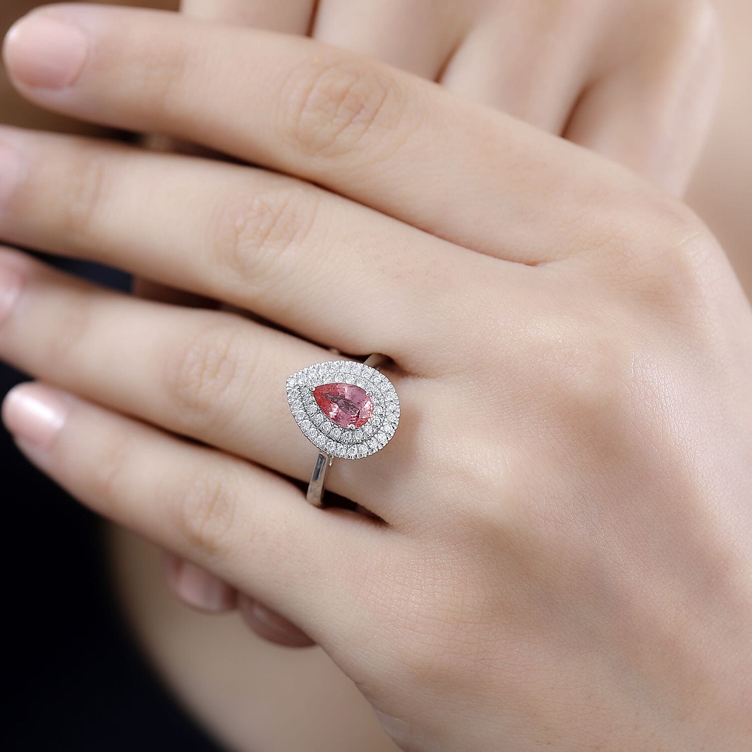 Certified & Appraised Rhapsody AAAA Padparadscha Sapphire and E-F VS Diamond 1.35 ctw Double Halo Ring in 950 Platinum (Size 8.0) 5.85 Grams