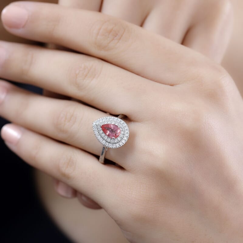 Certified & Appraised Rhapsody AAAA Padparadscha Sapphire and E-F VS Diamond 1.35 ctw Double Halo Ring in 950 Platinum (Size 8.0) 5.85 Grams