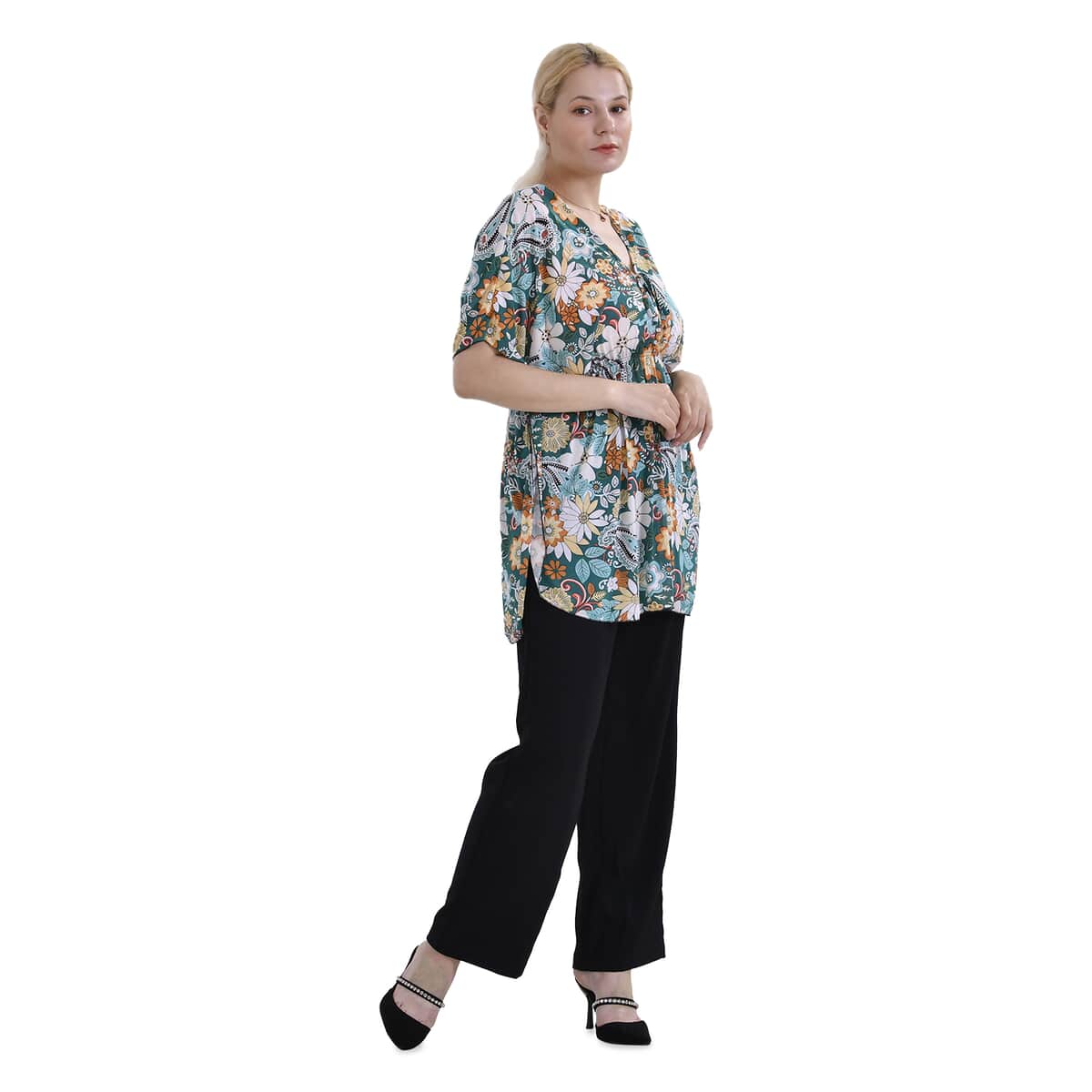 Tamsy Teal Paisley V-Neck Elastic Waist Kimono Sleeve Blouse (29.13"x10.23") image number 0