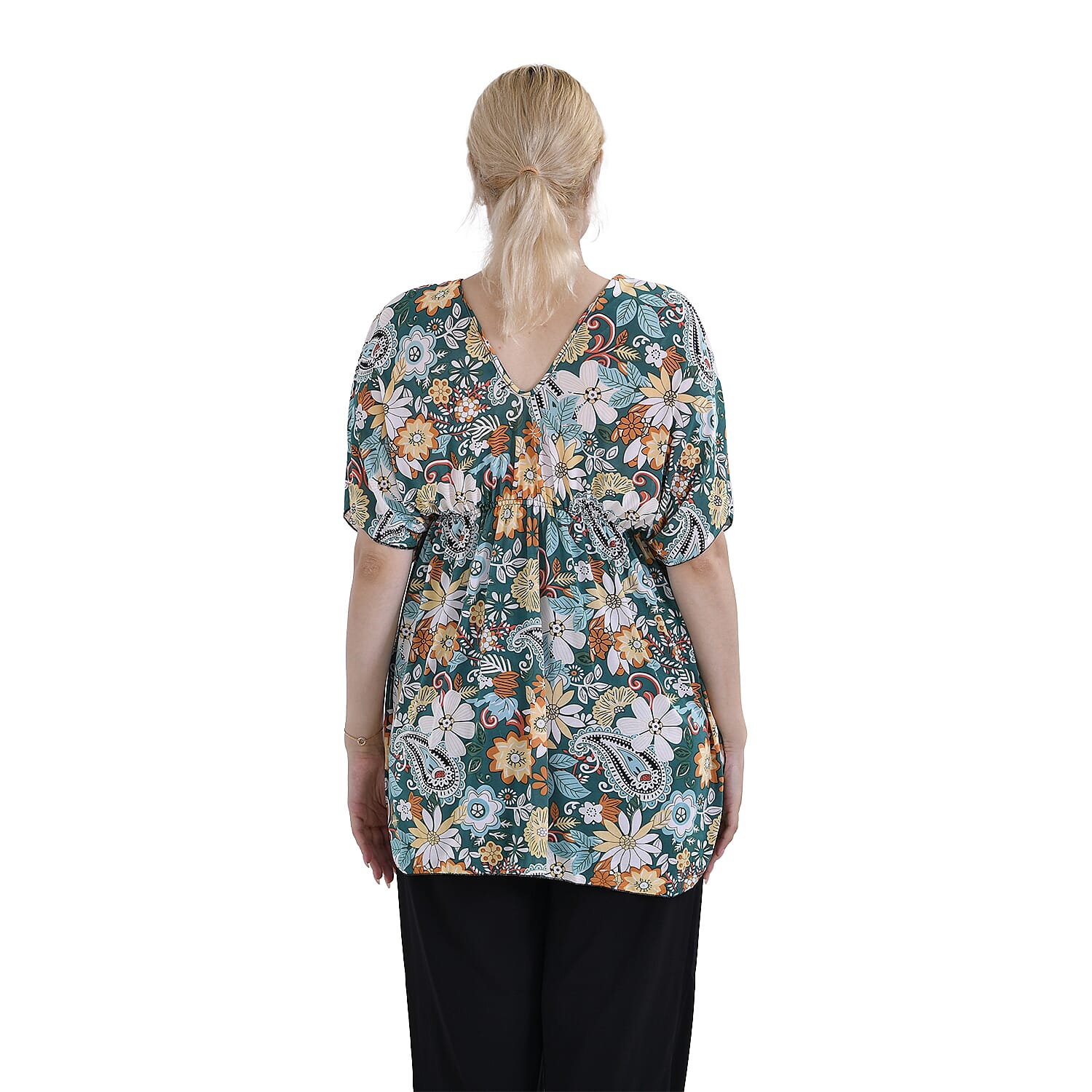 Tamsy Teal Paisley V-Neck Elastic Waist Kimono Sleeve Blouse