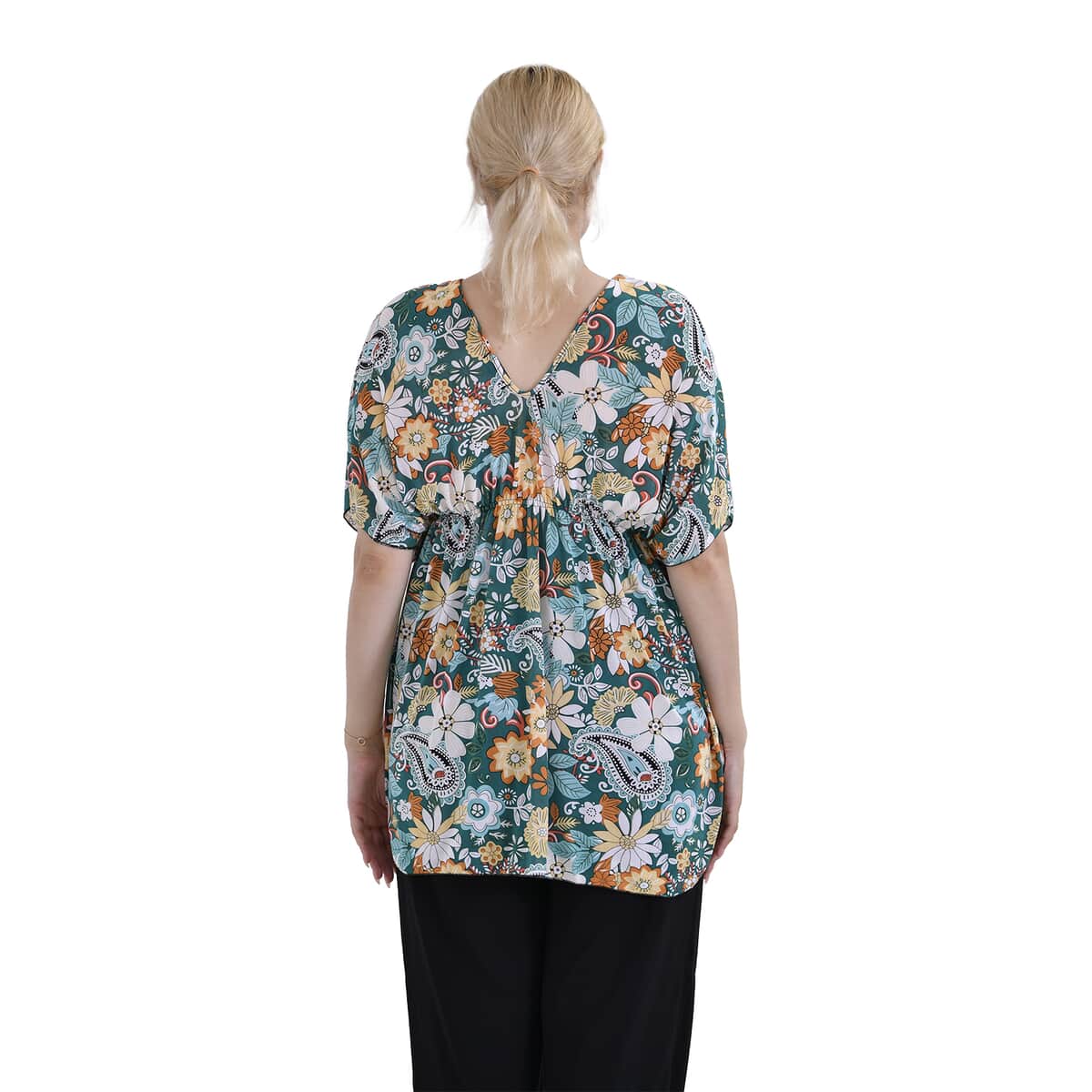 Tamsy Teal Paisley V-Neck Elastic Waist Kimono Sleeve Blouse (29.13"x10.23") image number 1