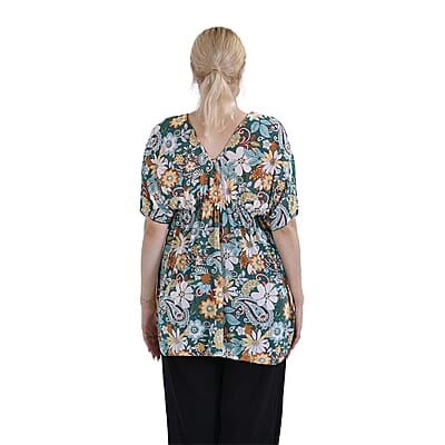 Tamsy Teal Paisley V-Neck Elastic Waist Kimono Sleeve Blouse