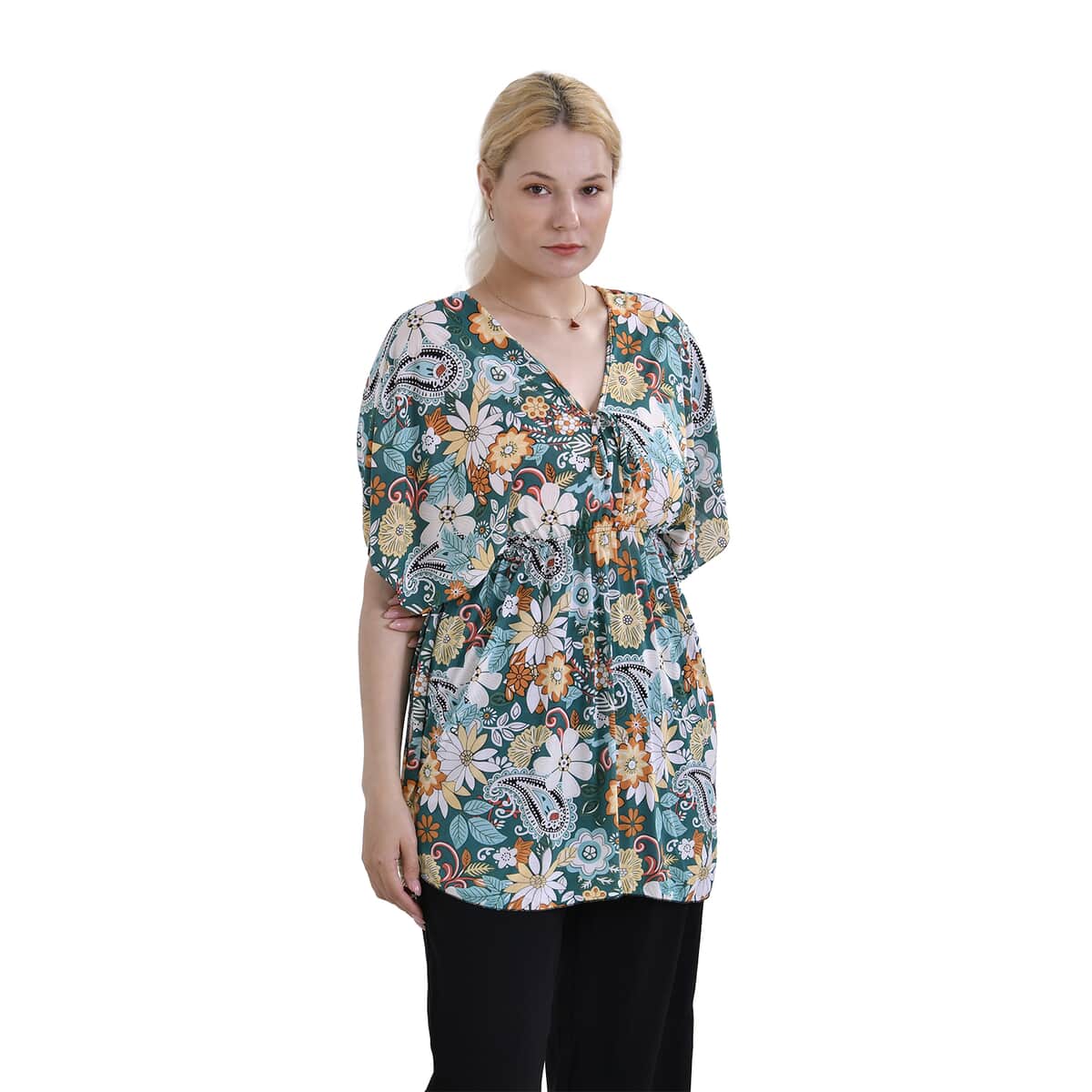 Tamsy Teal Paisley V-Neck Elastic Waist Kimono Sleeve Blouse (29.13"x10.23") image number 3