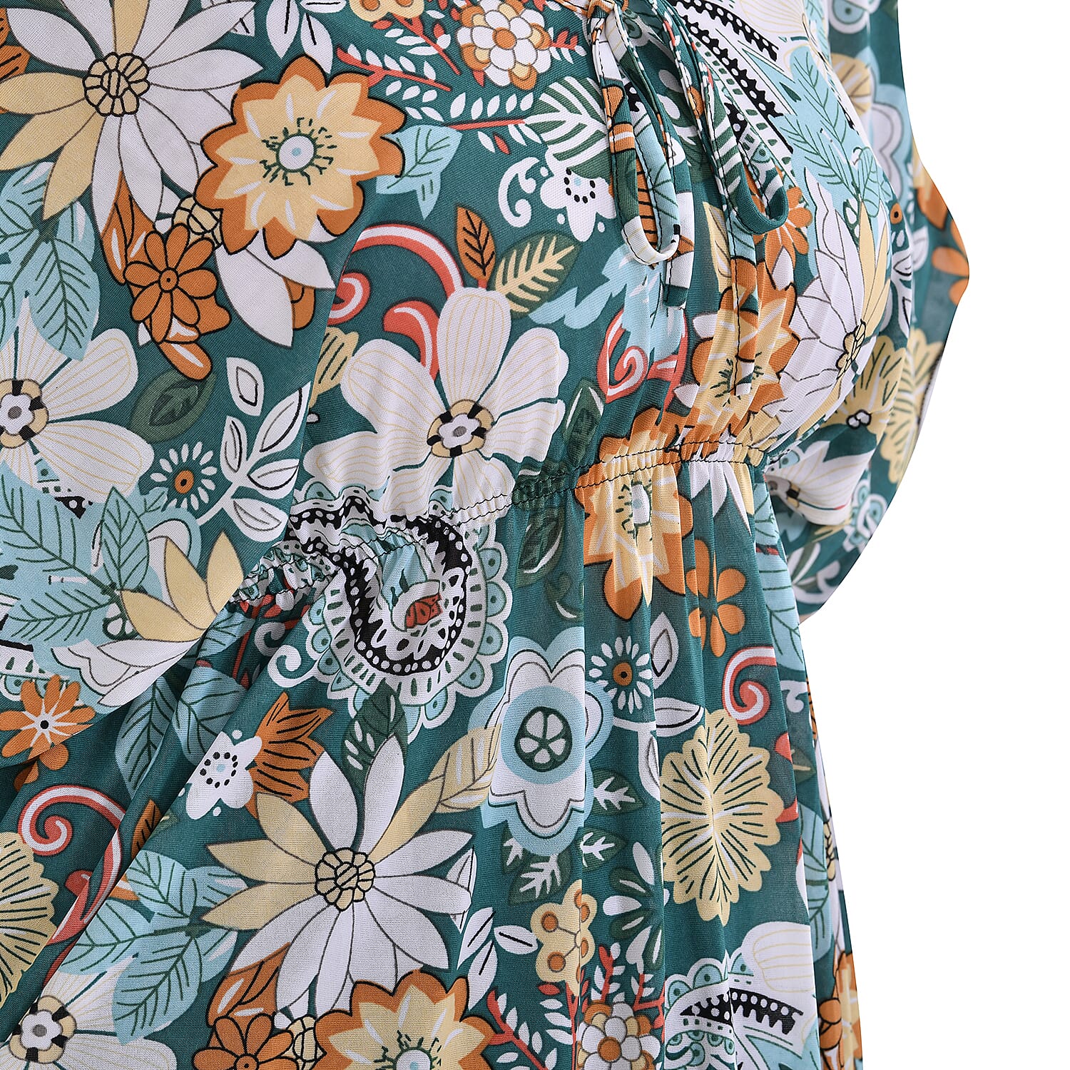 Tamsy Teal Paisley V-Neck Elastic Waist Kimono Sleeve Blouse