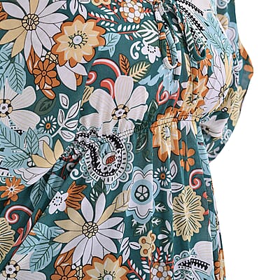 Tamsy Teal Paisley V-Neck Elastic Waist Kimono Sleeve Blouse