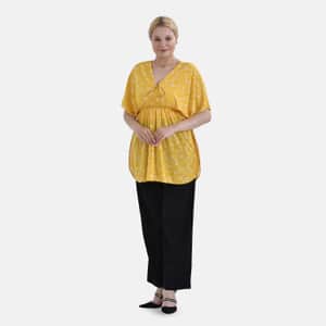 Tamsy Yellow Floral V-Neck Elastic Waist Kimono Sleeve Blouse