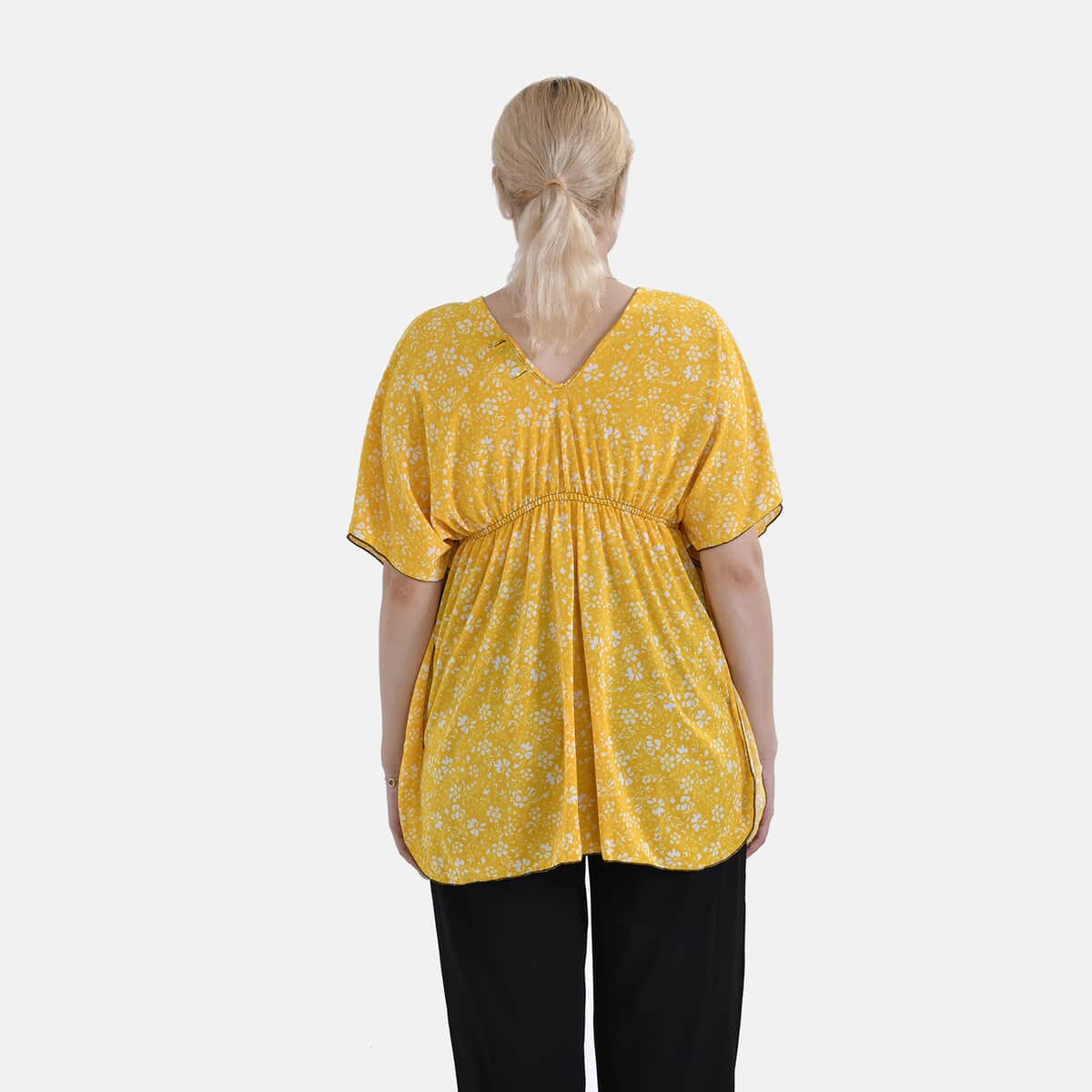 Tamsy Yellow Floral V-Neck Elastic Waist Kimono Sleeve Blouse image number 1