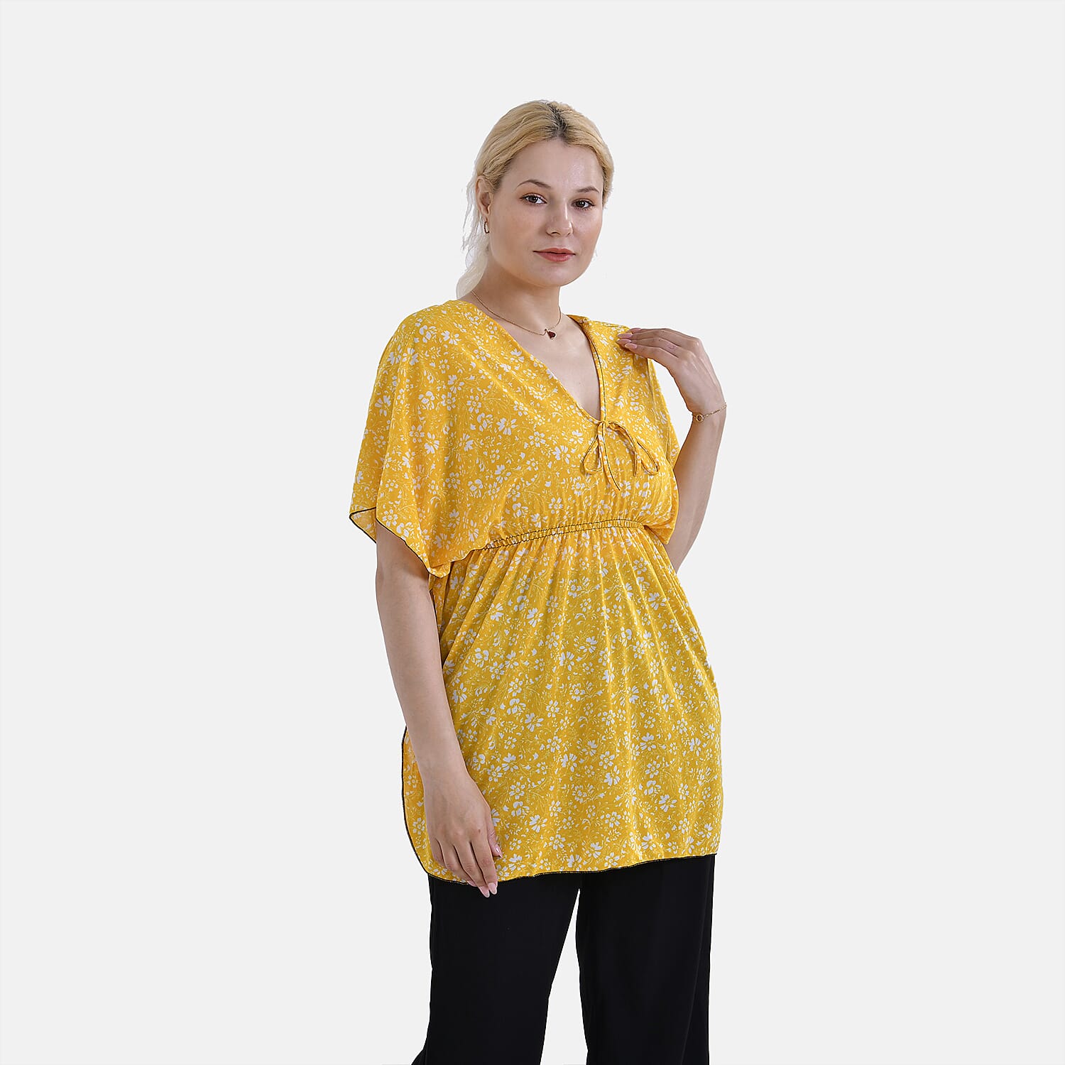 Tamsy Yellow Floral V-Neck Elastic Waist Kimono Sleeve Blouse