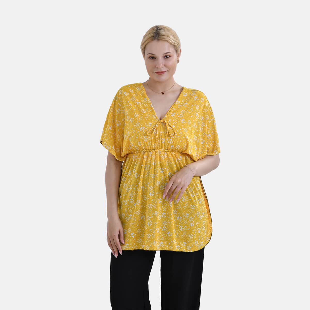 Tamsy Yellow Floral V-Neck Elastic Waist Kimono Sleeve Blouse image number 3