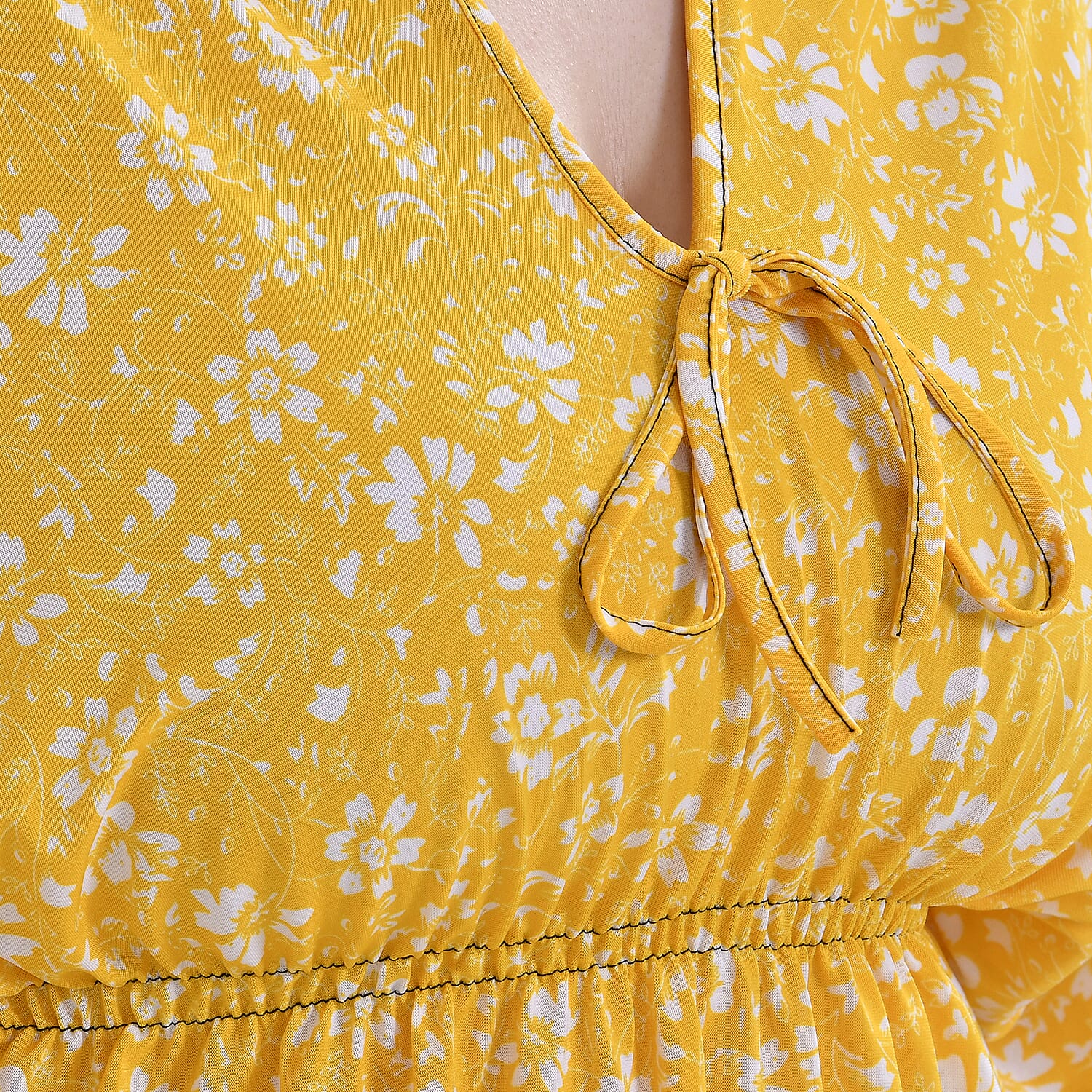 Tamsy Yellow Floral V-Neck Elastic Waist Kimono Sleeve Blouse