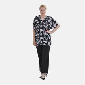 Tamsy Black Floral V-Neck Elastic Waist Kimono Sleeve Blouse