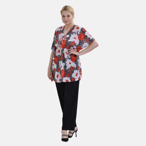 Tamsy Red Poppy V-Neck Elastic Waist Kimono Sleeve Blouse