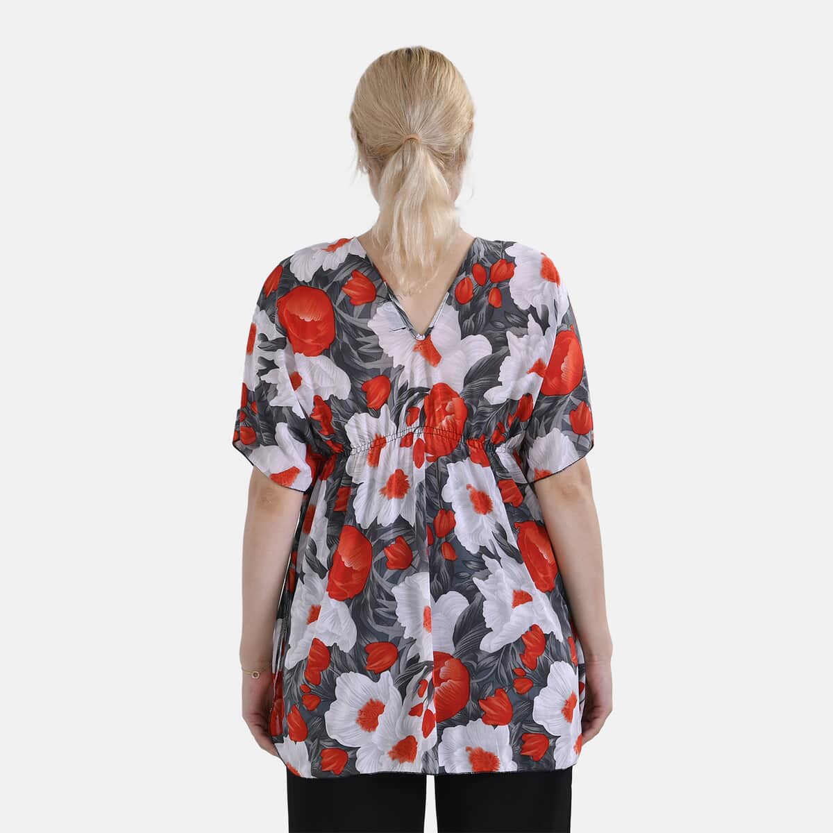 Tamsy Red Poppy V-Neck Elastic Waist Kimono Sleeve Blouse image number 1