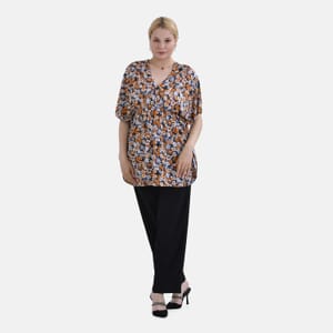 Tamsy Orange Floral V-Neck Elastic Waist Kimono Sleeve Blouse