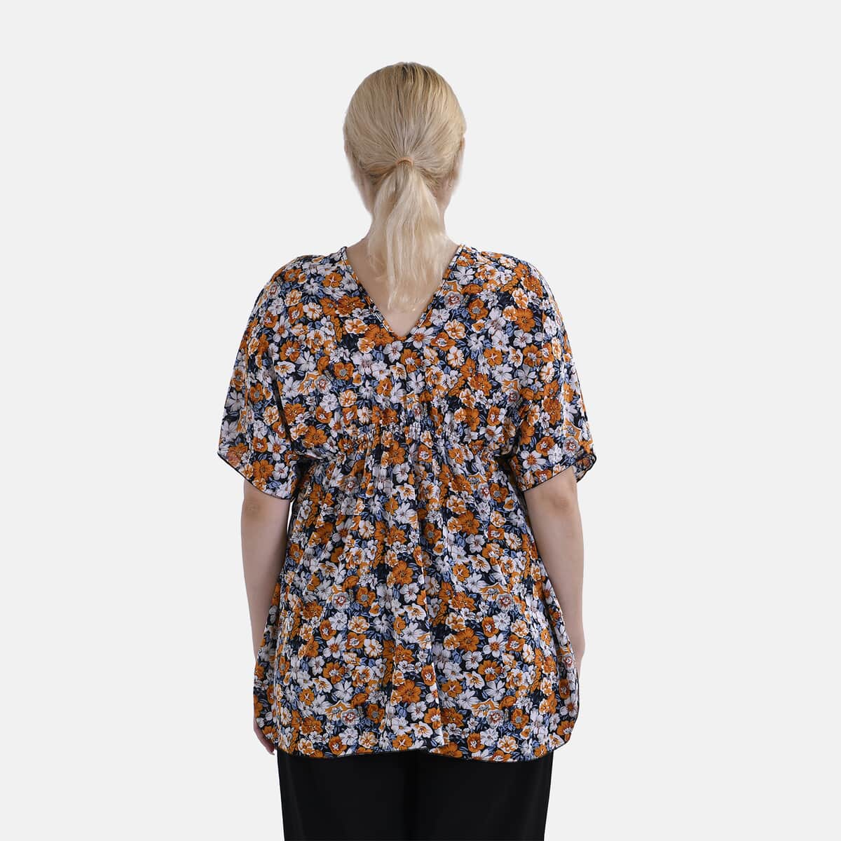 Tamsy Orange Floral V-Neck Elastic Waist Kimono Sleeve Blouse image number 1