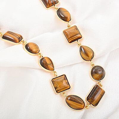 Yellow Tiger's Eye Necklace 18-20 Inches in Goldtone 160.00 ctw