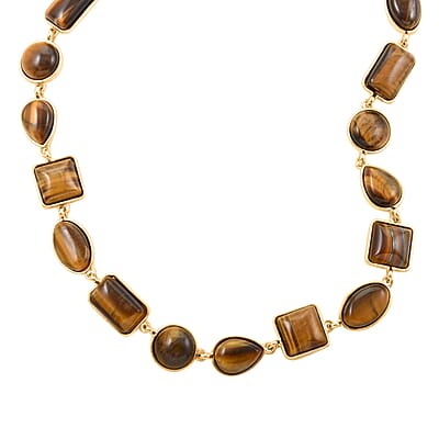 Yellow Tiger's Eye Necklace 18-20 Inches in Goldtone 160.00 ctw