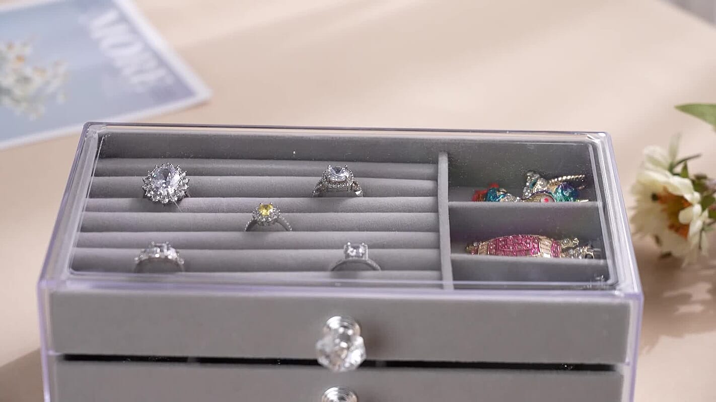 Gray 3 Layer Jewelry Organize with Transparent Cover (9.25"x5.3"x4.13")