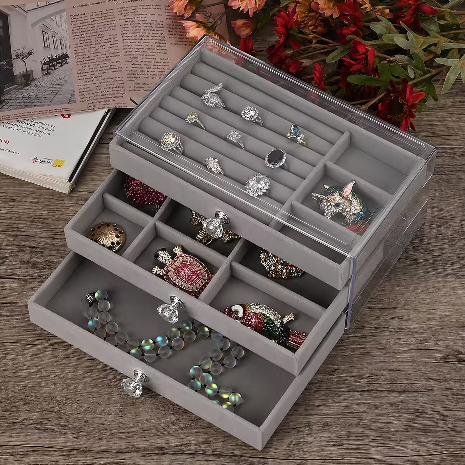Gray 3 Layer Jewelry Organizer with Transparent Cover