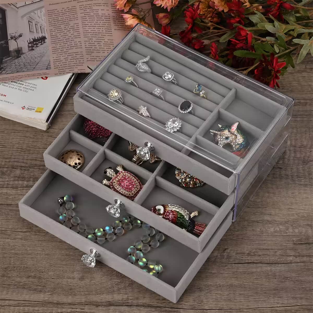 Gray 3 Layer Jewelry Organizer with Transparent Cover image number 1