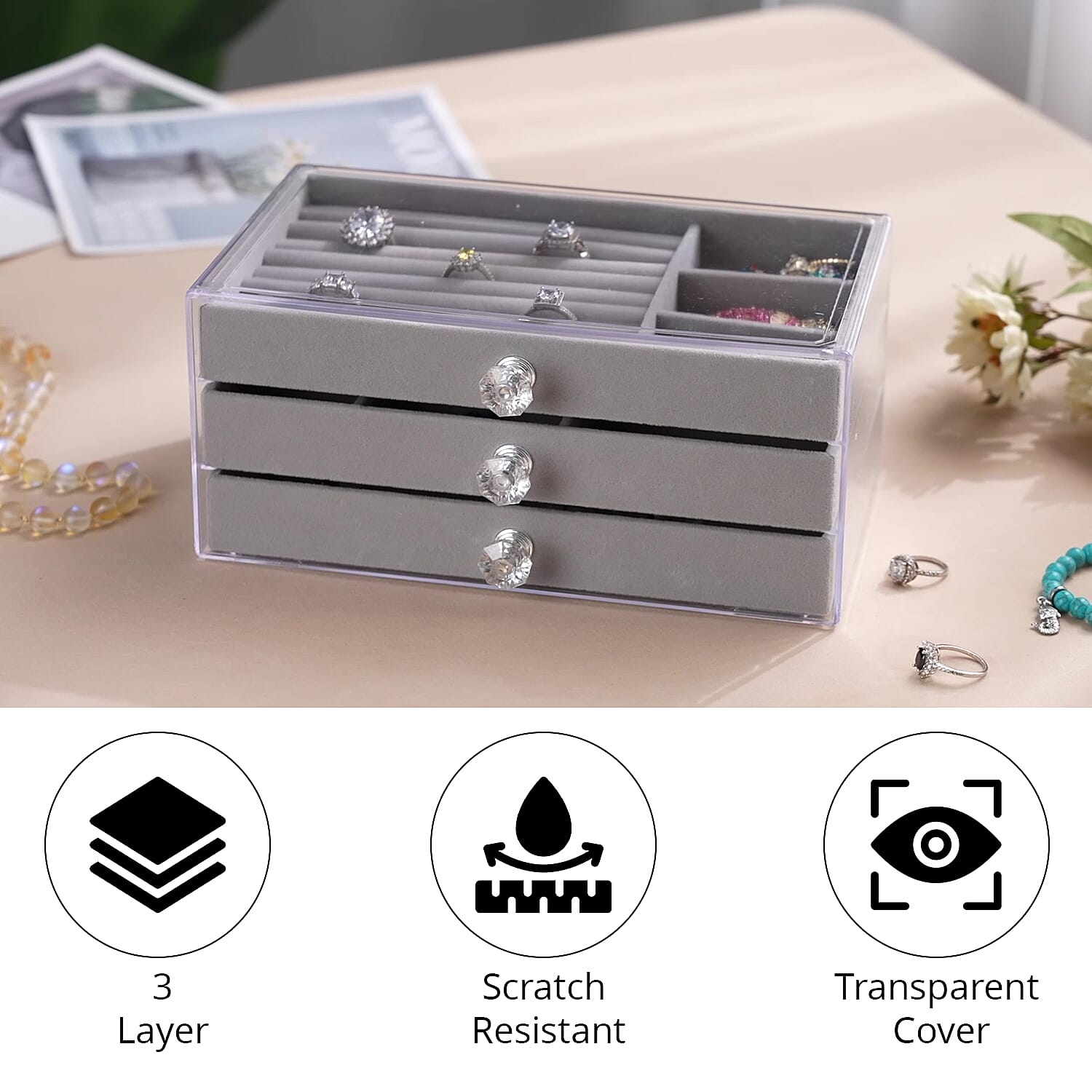 Gray 3 Layer Jewelry Organizer with Transparent Cover