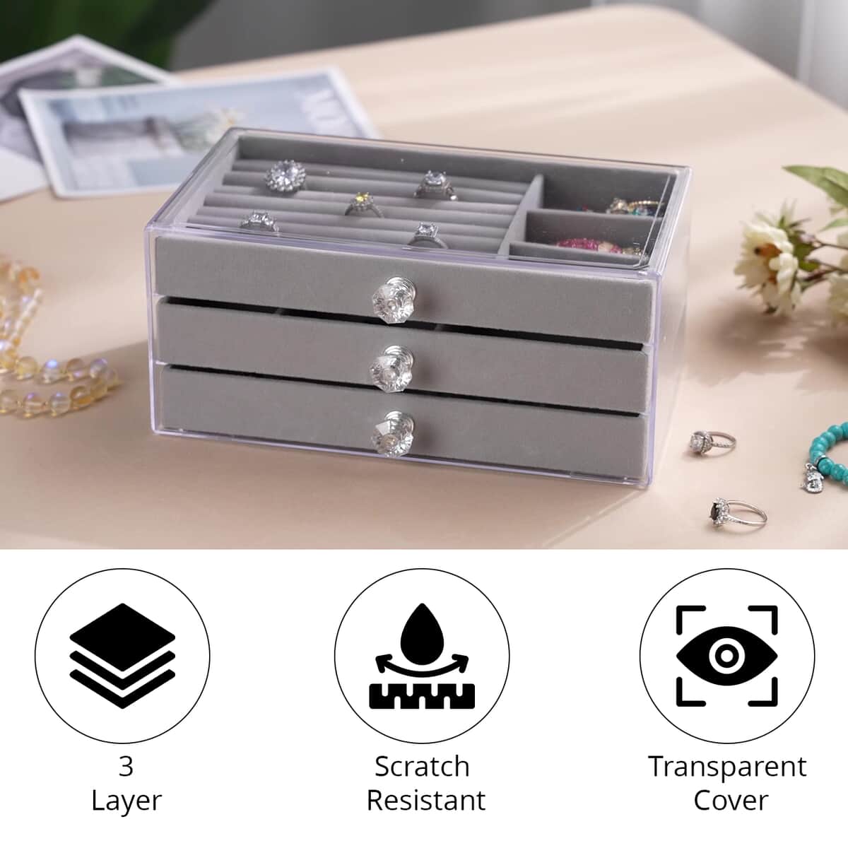 Gray 3 Layer Jewelry Organizer with Transparent Cover image number 2