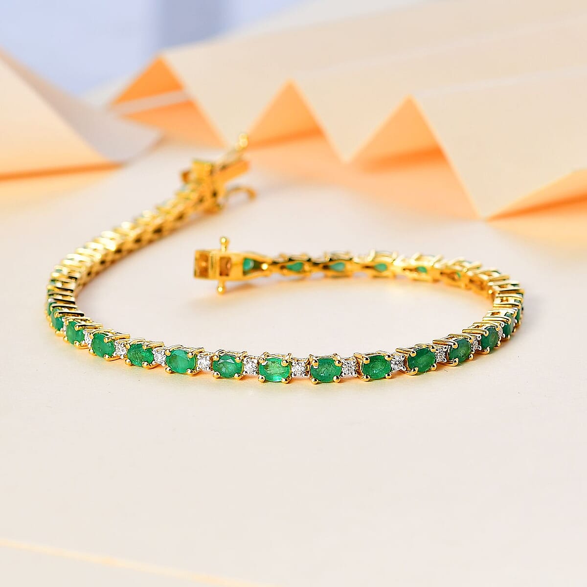 Premium Kagem Zambian Emerald and Moissanite Bracelet in Vermeil Yellow Gold Over Sterling Silver (8.00 In) 7.10 ctw image number 1