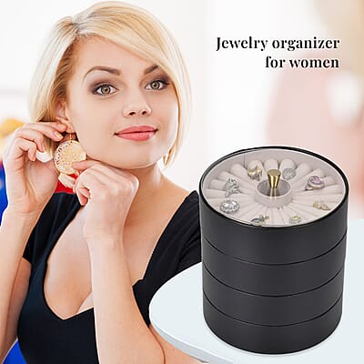 Black 4 Layer Stackable Faux Leather Jewelry Organizer with Transparent Lid