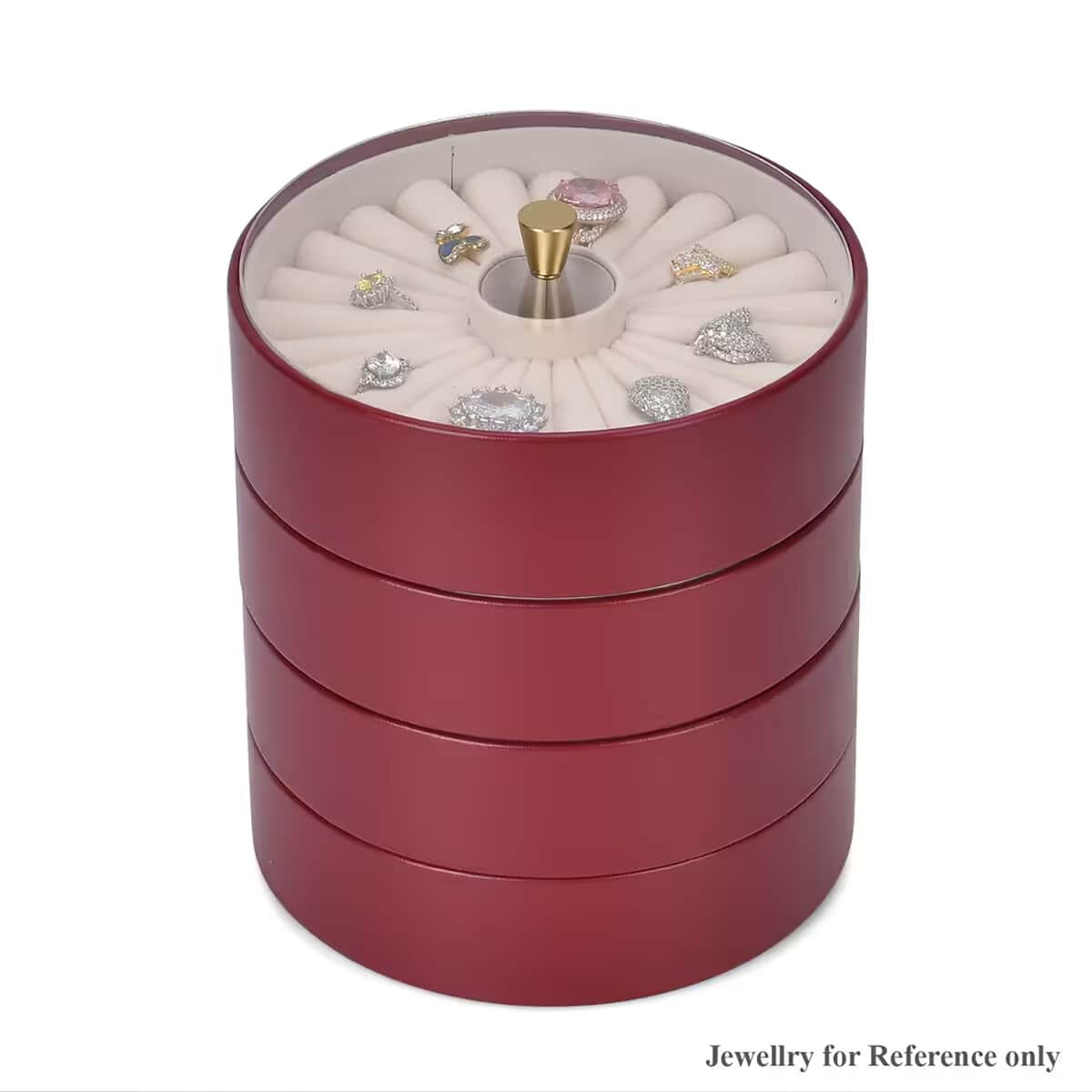 Wine Red 4 Layer Stackable Faux Leather Jewelry Organizer with Transparent Lid image number 0