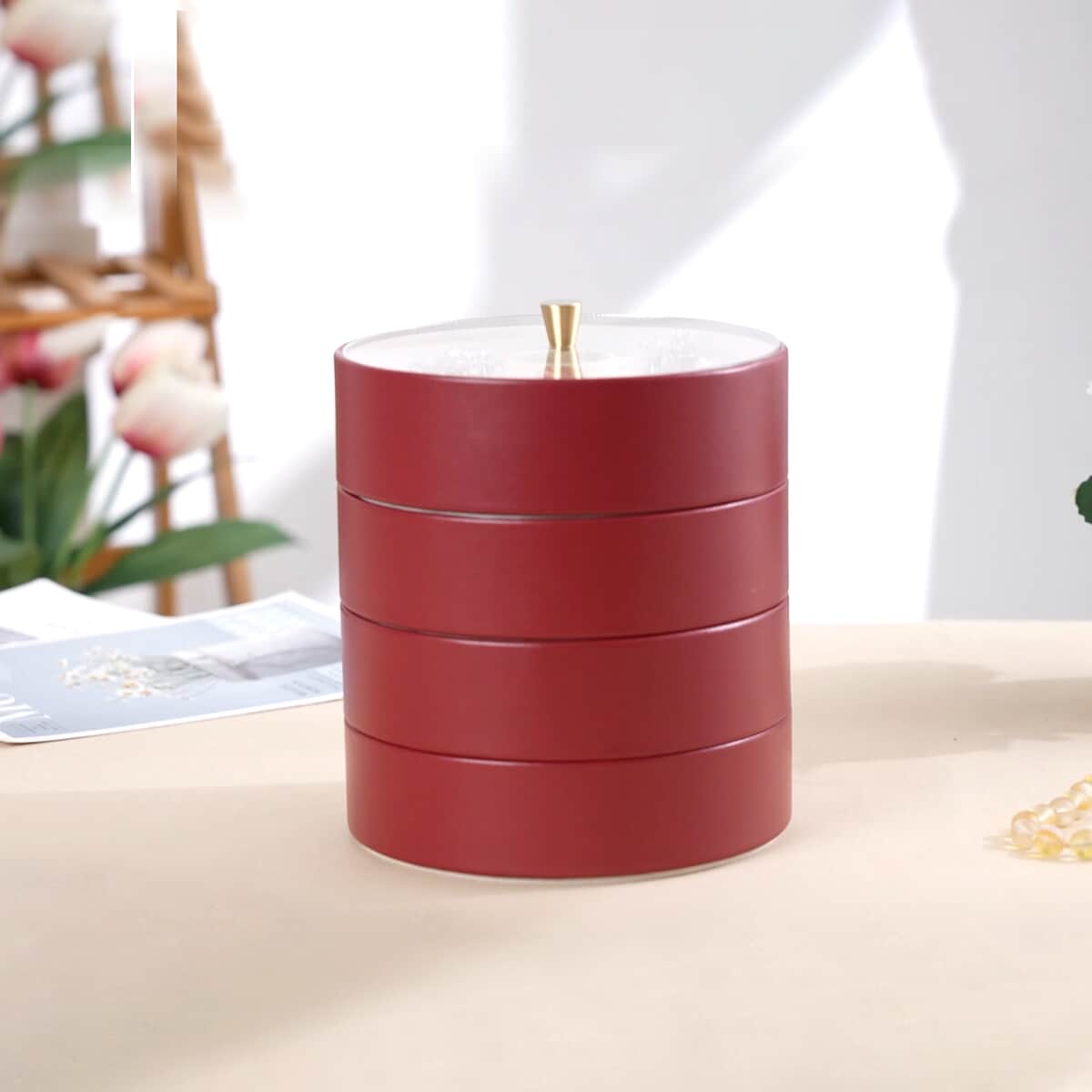 Wine Red 4 Layer Stackable Faux Leather Jewelry Organizer with Transparent Lid image number 1