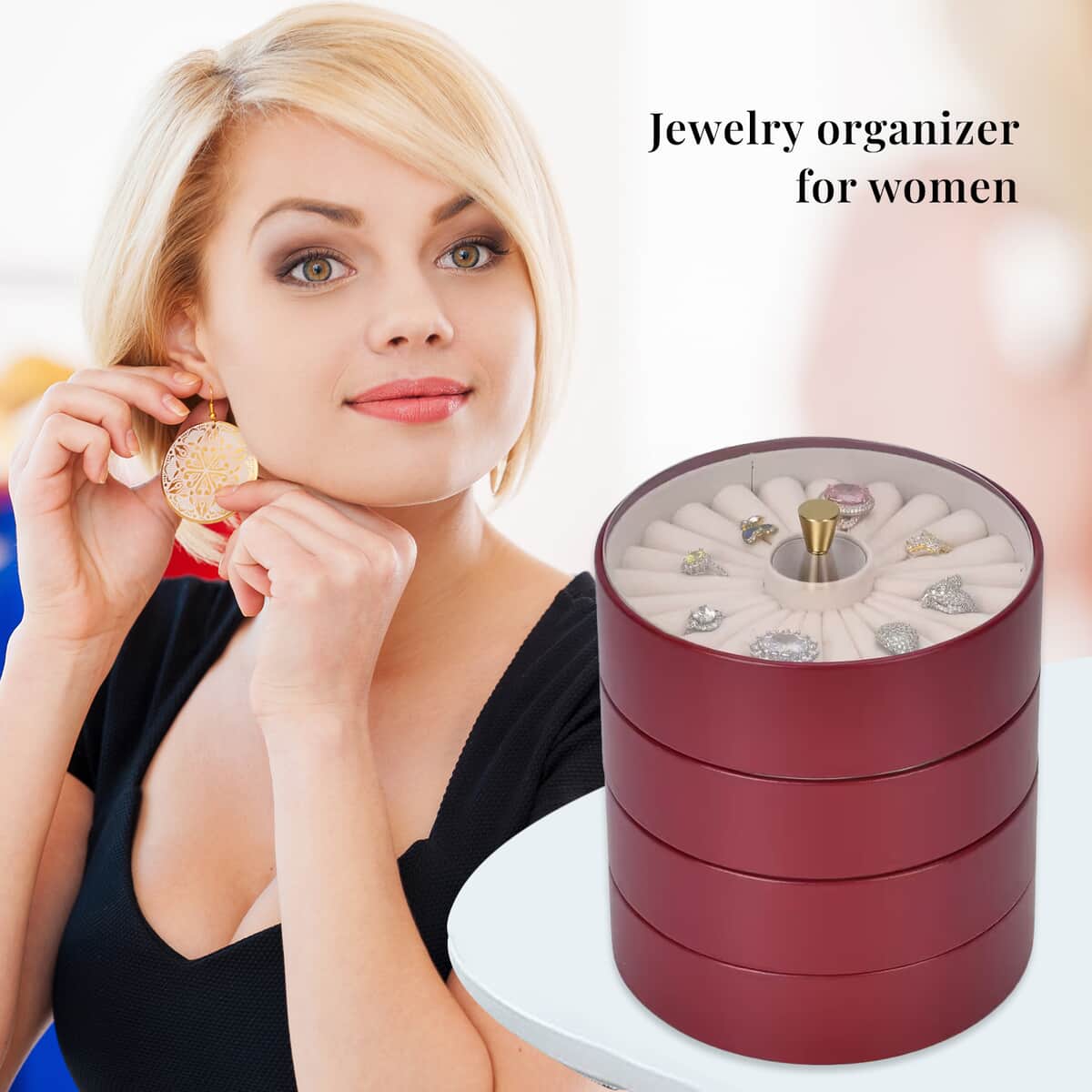 Wine Red 4 Layer Stackable Faux Leather Jewelry Organizer with Transparent Lid image number 3