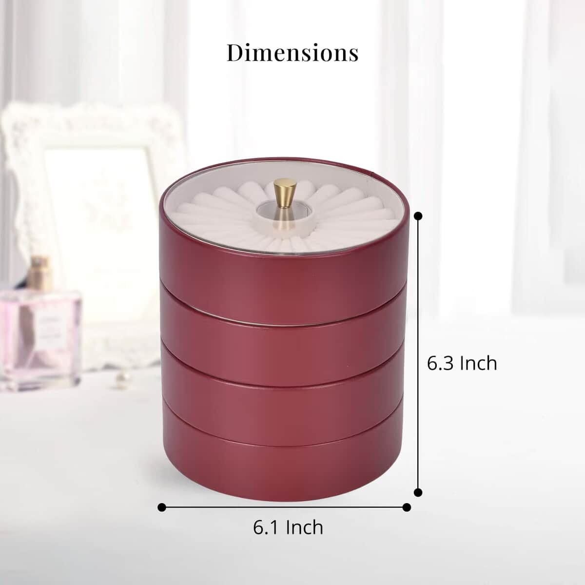 Wine Red 4 Layer Stackable Faux Leather Jewelry Organizer with Transparent Lid image number 4