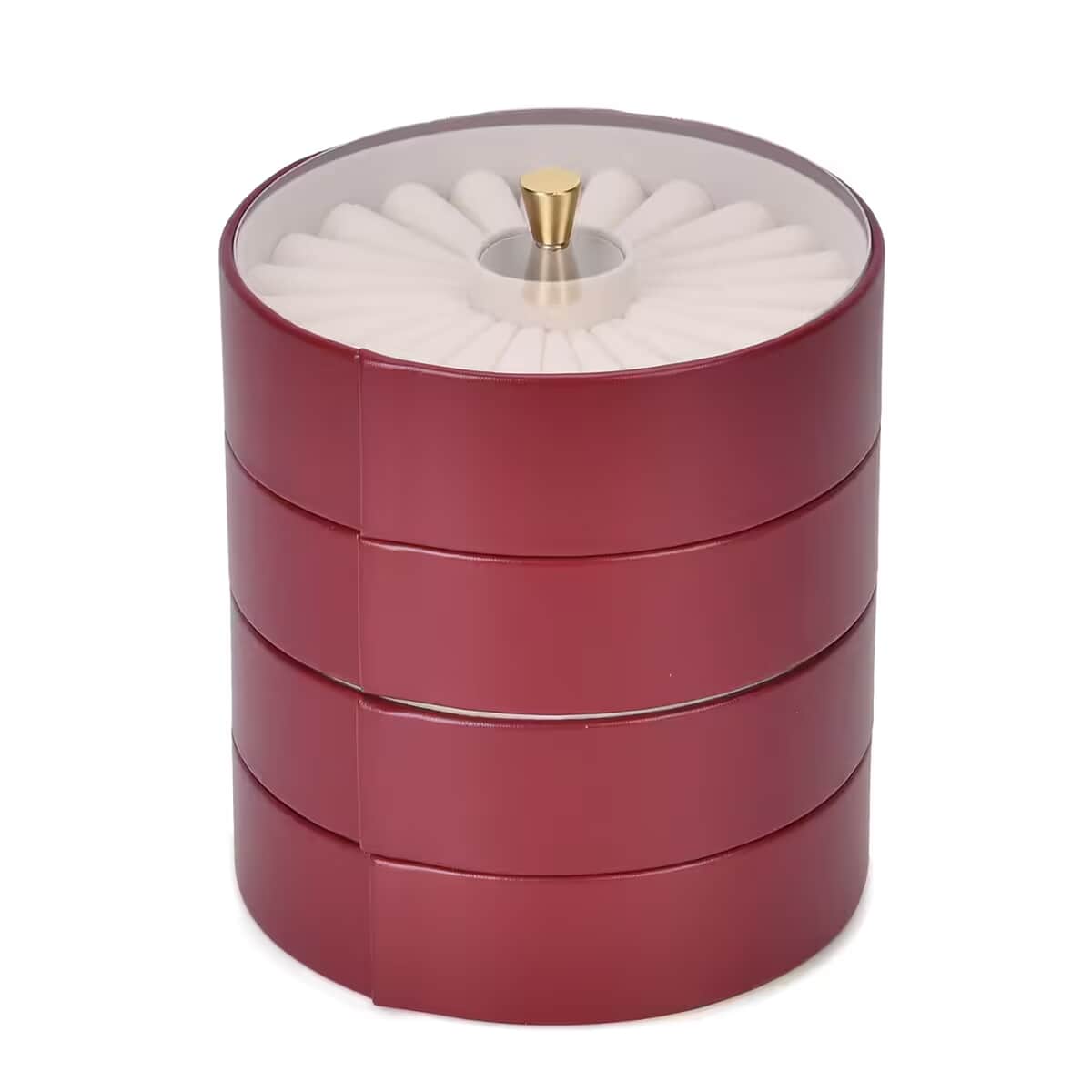 Wine Red 4 Layer Stackable Faux Leather Jewelry Organizer with Transparent Lid image number 7