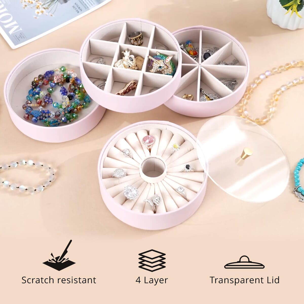 Pink 4 Layer Stackable Faux Leather Jewelry Organizer with Transparent Lid image number 2