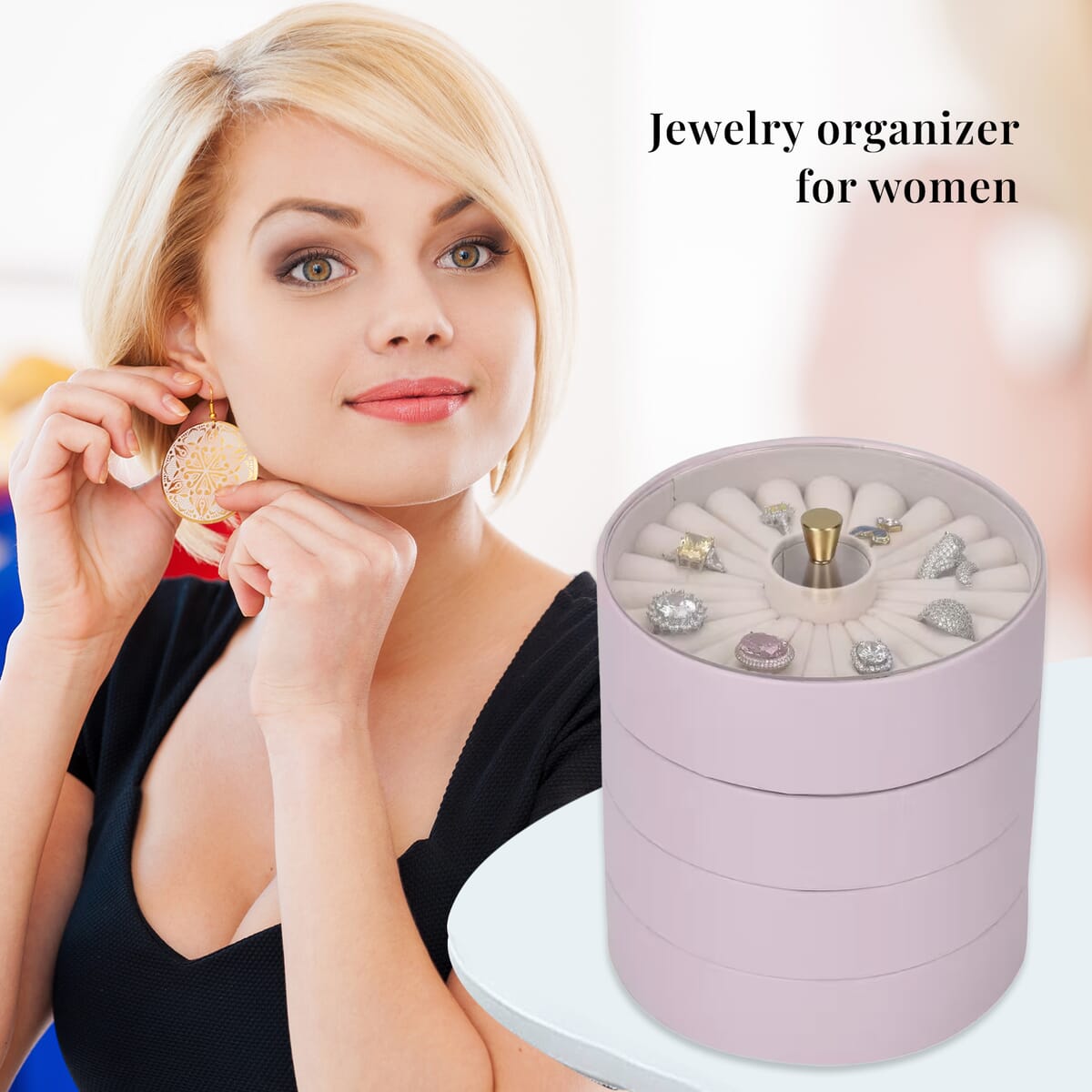 Pink 4 Layer Stackable Faux Leather Jewelry Organizer with Transparent Lid image number 3