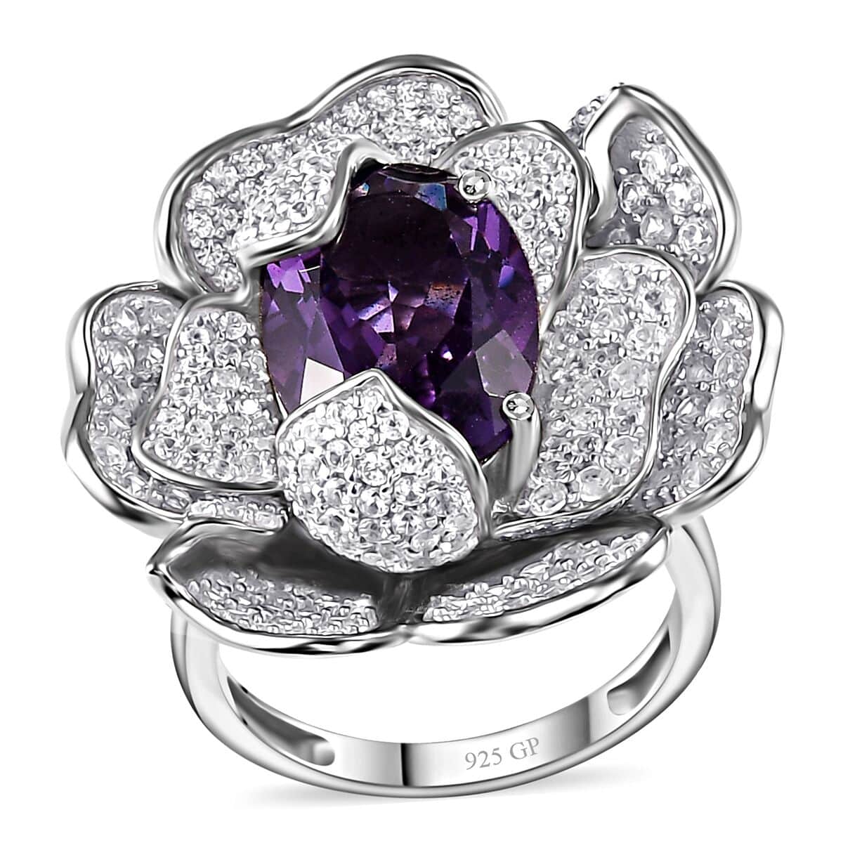 Rose De France Amethyst, White Zircon Floral Ring in Rhodium Over Sterling Silver (Size 10.0) 8.50 ctw image number 0