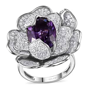 GP Italian Garden Collection Rose De France Amethyst and White Zircon Floral Ring in Rhodium Over Sterling Silver (Size 10.0) 8.50 ctw