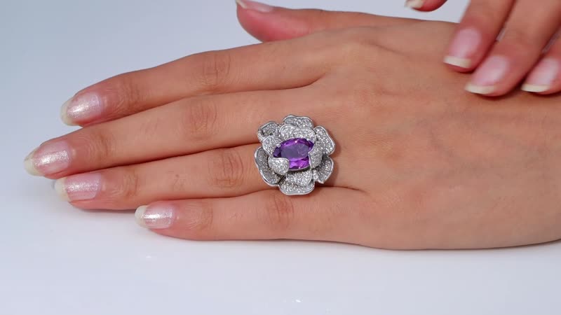Rose De France Amethyst, White Zircon Floral Ring in Rhodium Over Sterling Silver (Size 10.0) 8.50 ctw