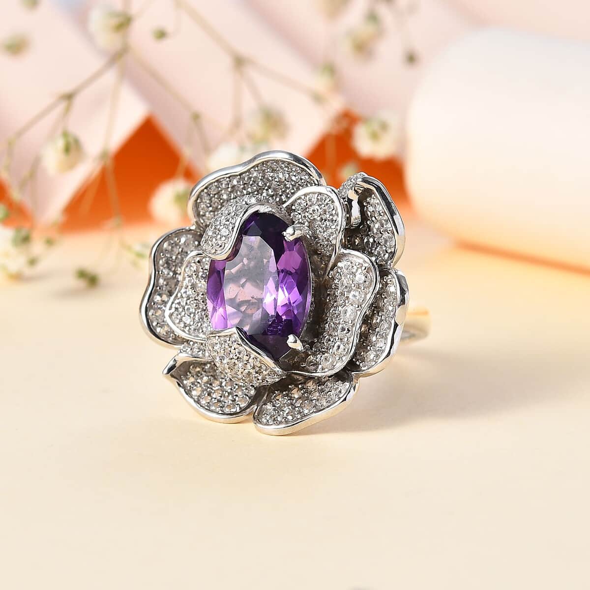 Rose De France Amethyst, White Zircon Floral Ring in Rhodium Over Sterling Silver (Size 10.0) 8.50 ctw image number 1