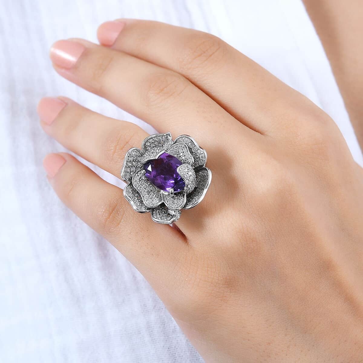 Rose De France Amethyst, White Zircon Floral Ring in Rhodium Over Sterling Silver (Size 10.0) 8.50 ctw image number 2