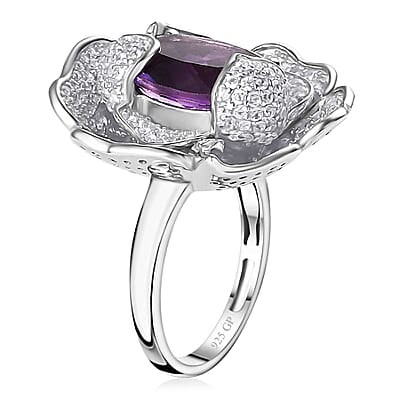 GP Italian Garden Collection Rose De France Amethyst and White Zircon Floral Ring in Rhodium Over Sterling Silver (Size 10.0) 8.50 ctw