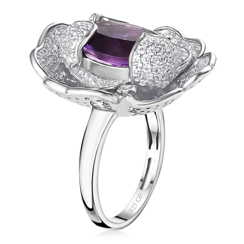 GP Italian Garden Collection Rose De France Amethyst and White Zircon Floral Ring in Rhodium Over Sterling Silver (Size 10.0) 8.50 ctw