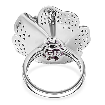 GP Italian Garden Collection Rose De France Amethyst and White Zircon Floral Ring in Rhodium Over Sterling Silver (Size 10.0) 8.50 ctw
