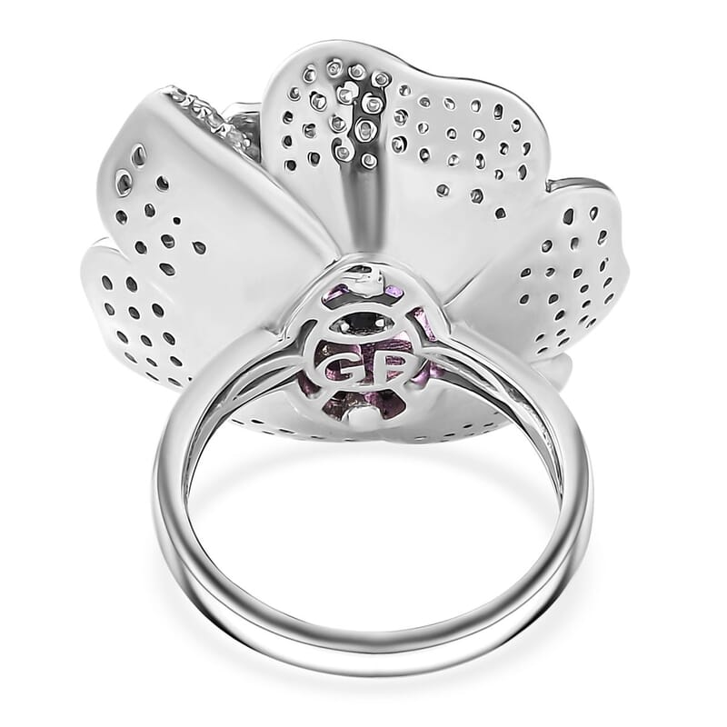 GP Italian Garden Collection Rose De France Amethyst and White Zircon Floral Ring in Rhodium Over Sterling Silver (Size 10.0) 8.50 ctw