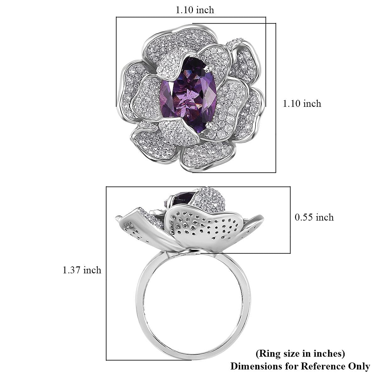 GP Italian Garden Collection Rose De France Amethyst and White Zircon Floral Ring in Rhodium Over Sterling Silver (Size 10.0) 8.50 ctw