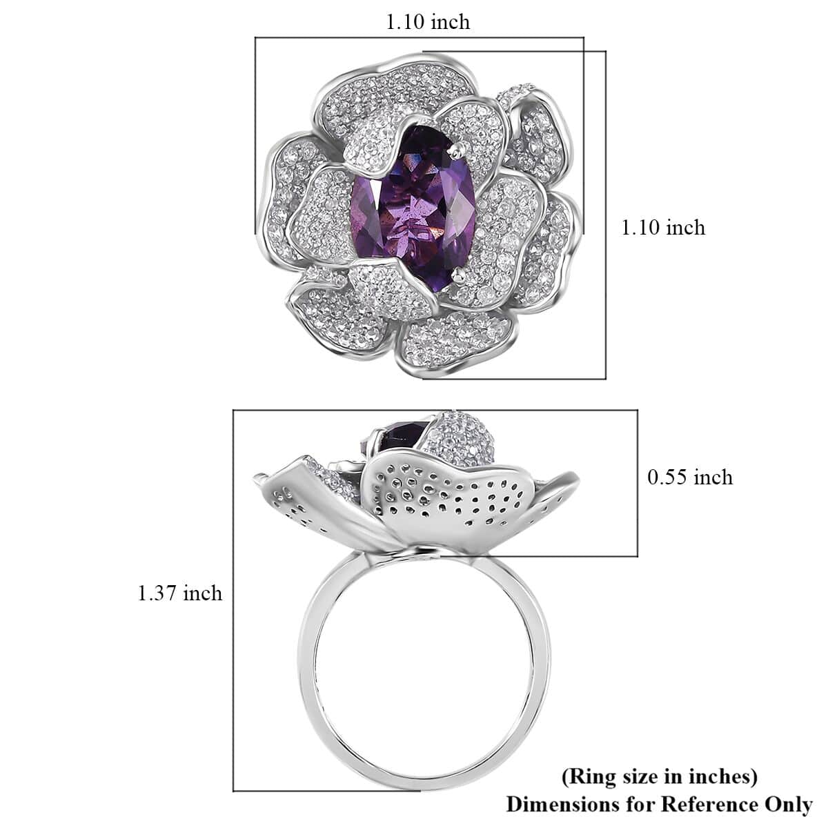 GP Italian Garden Collection Rose De France Amethyst and White Zircon Floral Ring in Rhodium Over Sterling Silver (Size 10.0) 8.50 ctw image number 5